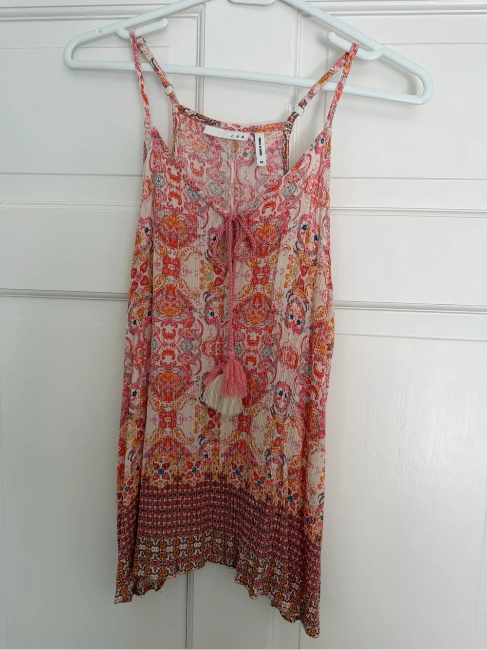 Boho Tassel Spaghetti Strap tank - Red and coral Floral Print